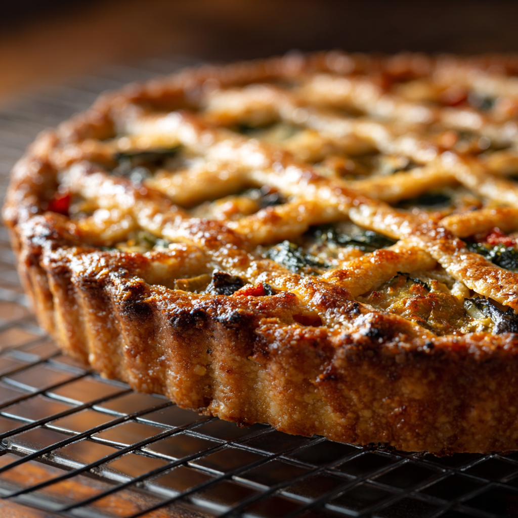 Whole savory crostata cooling on a wire rack, golden crust, slight bubbling around edges, lattice strips about ¾ inch wide, vegetables visibly roasted beneath.