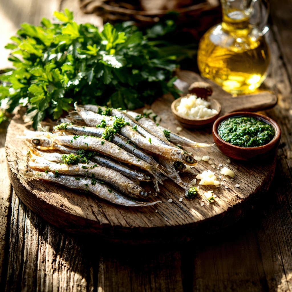 Rustic kitchen scene showing the preparation of Acciughe al Verde: