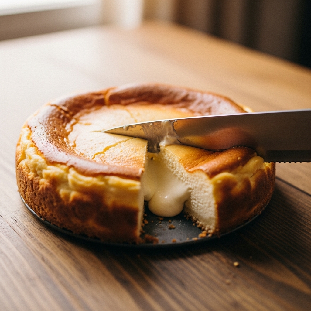 knife cutting into a mascarpone-ricotta cheesecake