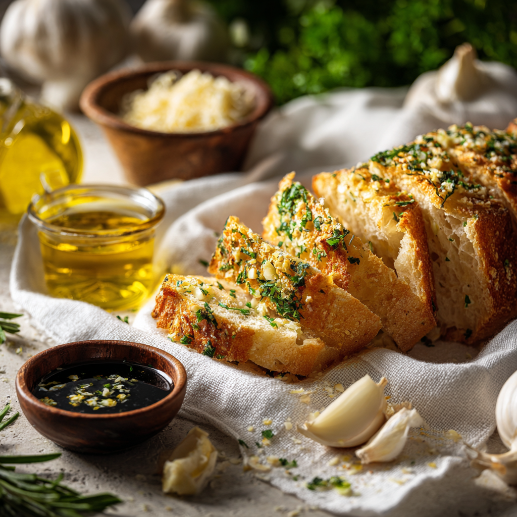 sliced garlic herb bread on a white linen cloth, small bowl of olive oil and balsamic for dipping, scattered herbs and cheese crumbs