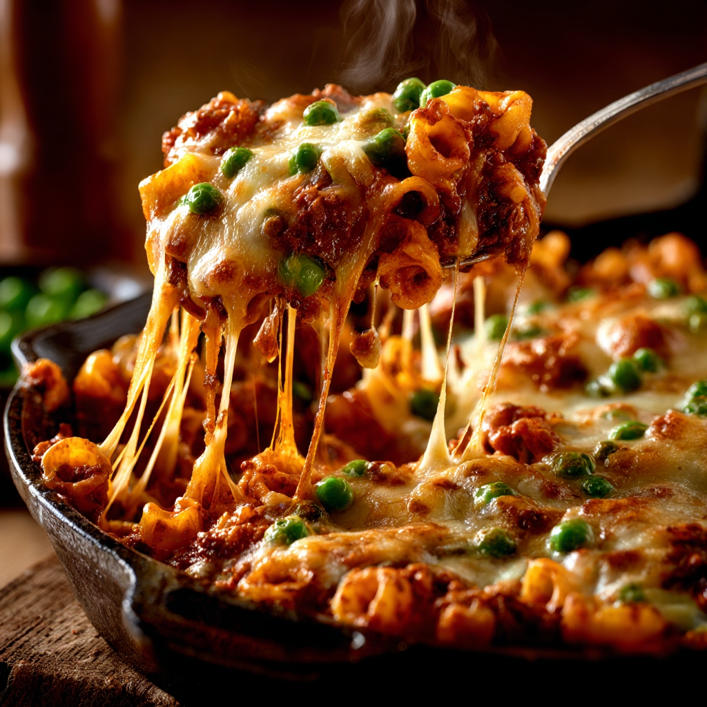 A spoon lifting a square of Sicilian anelletti al forno from the pan, showing stretchy mozzarella, peas tucked into pasta rings, rich red ragù, and browned cheese on top.