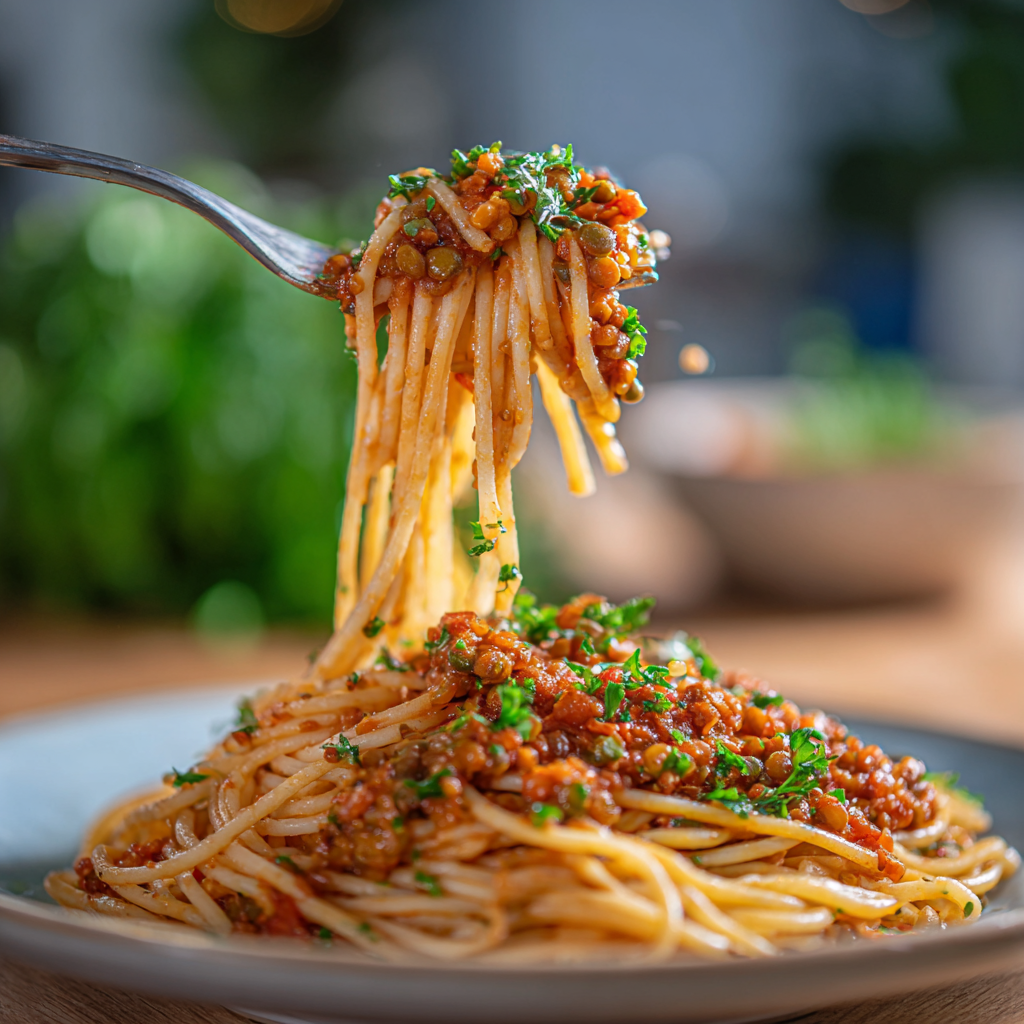A fork lifting a twirl of spaghetti coated in vegan lentil bolognese.