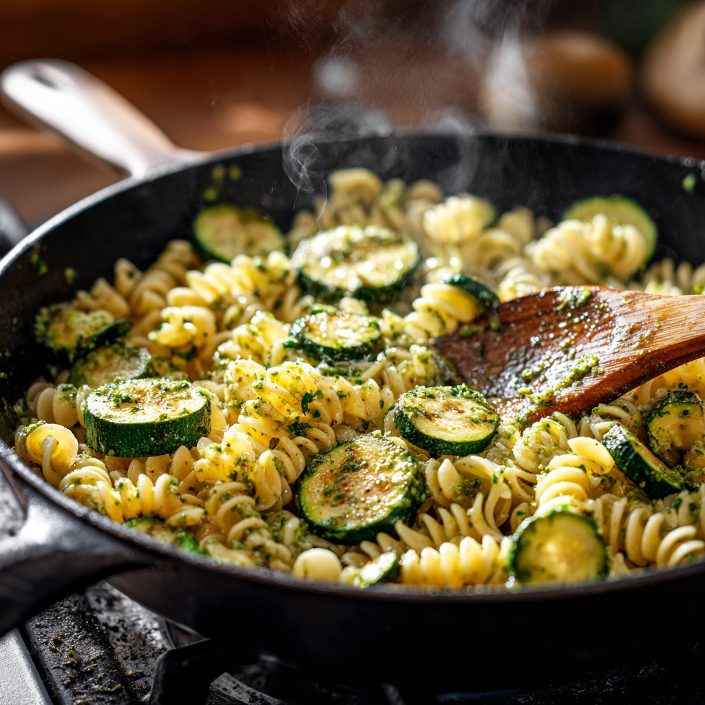 Large skillet filled with al dente pasta, caramelized zucchini coins, and bright green pesto being stirred together with a wooden spoon.