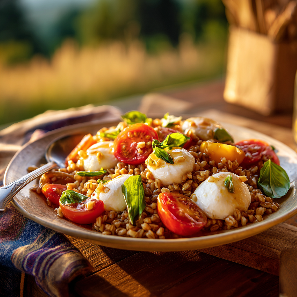 A serving platter of Caprese Farro Salad placed on an outdoor picnic table, warm summer lighting,