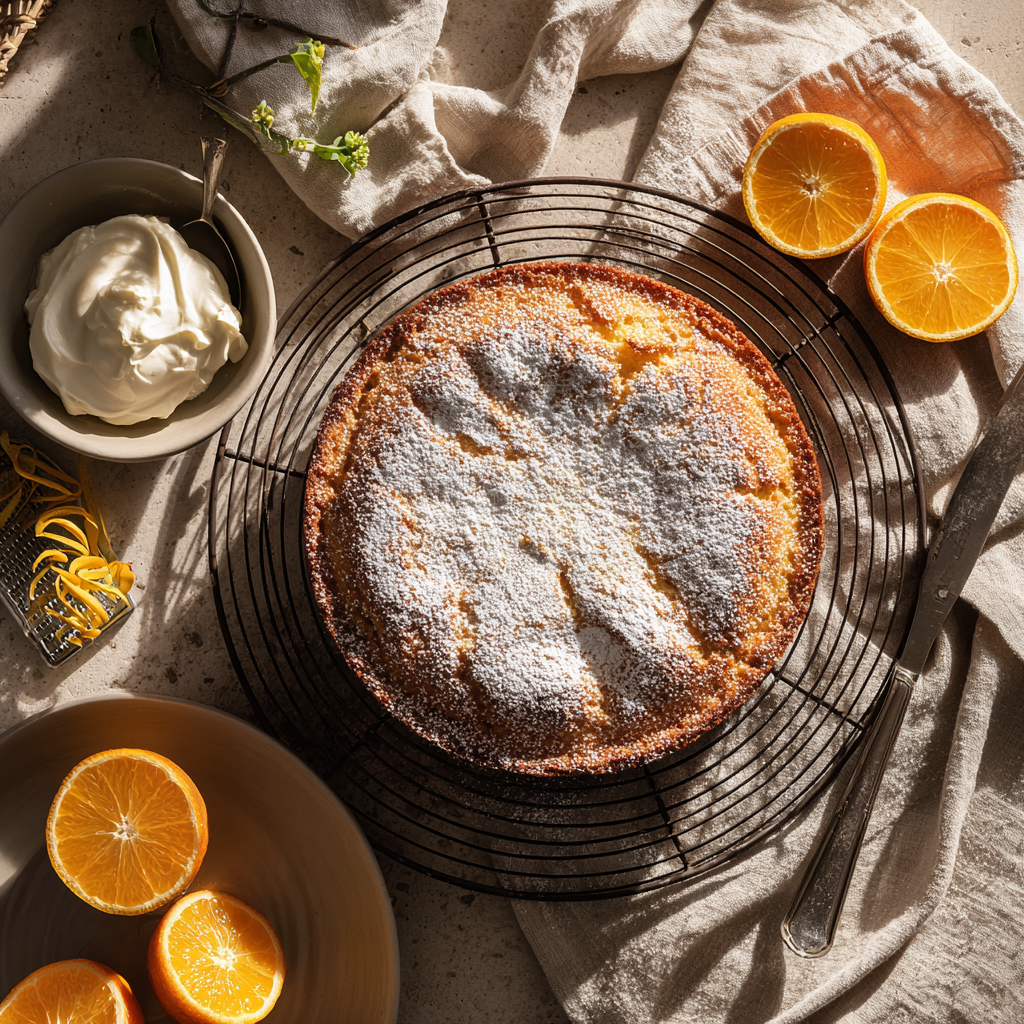 Overhead flat-lay of an Italian orange ricotta cake on a cooling rack, dusted with powdered sugar, with a zester, fresh orange, small bowl of ricotta