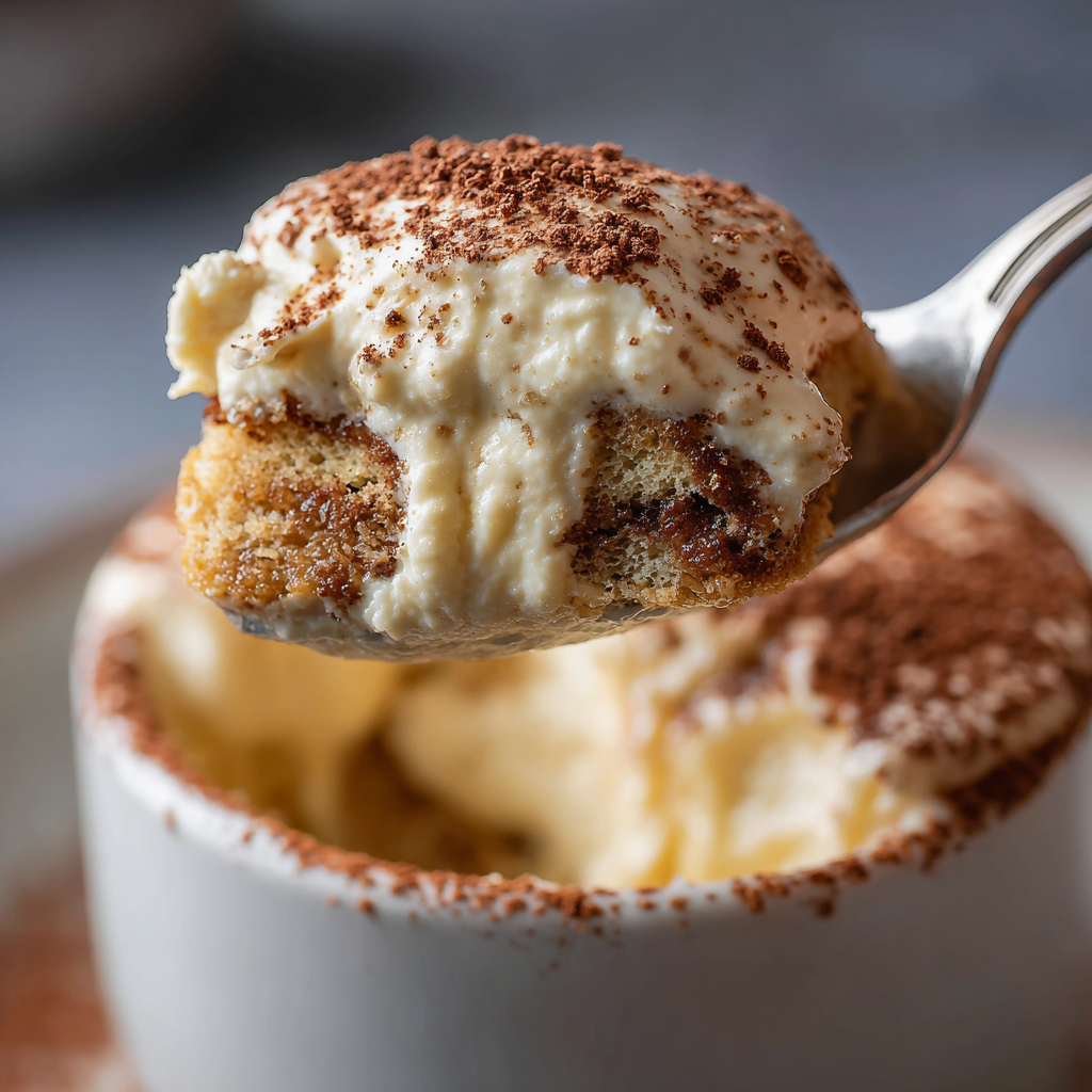 a spoon lifting a bite from an individual tiramisu cup, showing soft mascarpone cream and soaked ladyfinger layers.