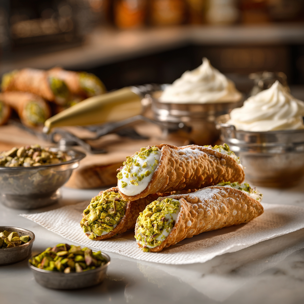 cannoli shells cooling on paper towels, a piping bag filled with pistachio-ricotta cream, bowls of pistachio paste and chopped pistachios