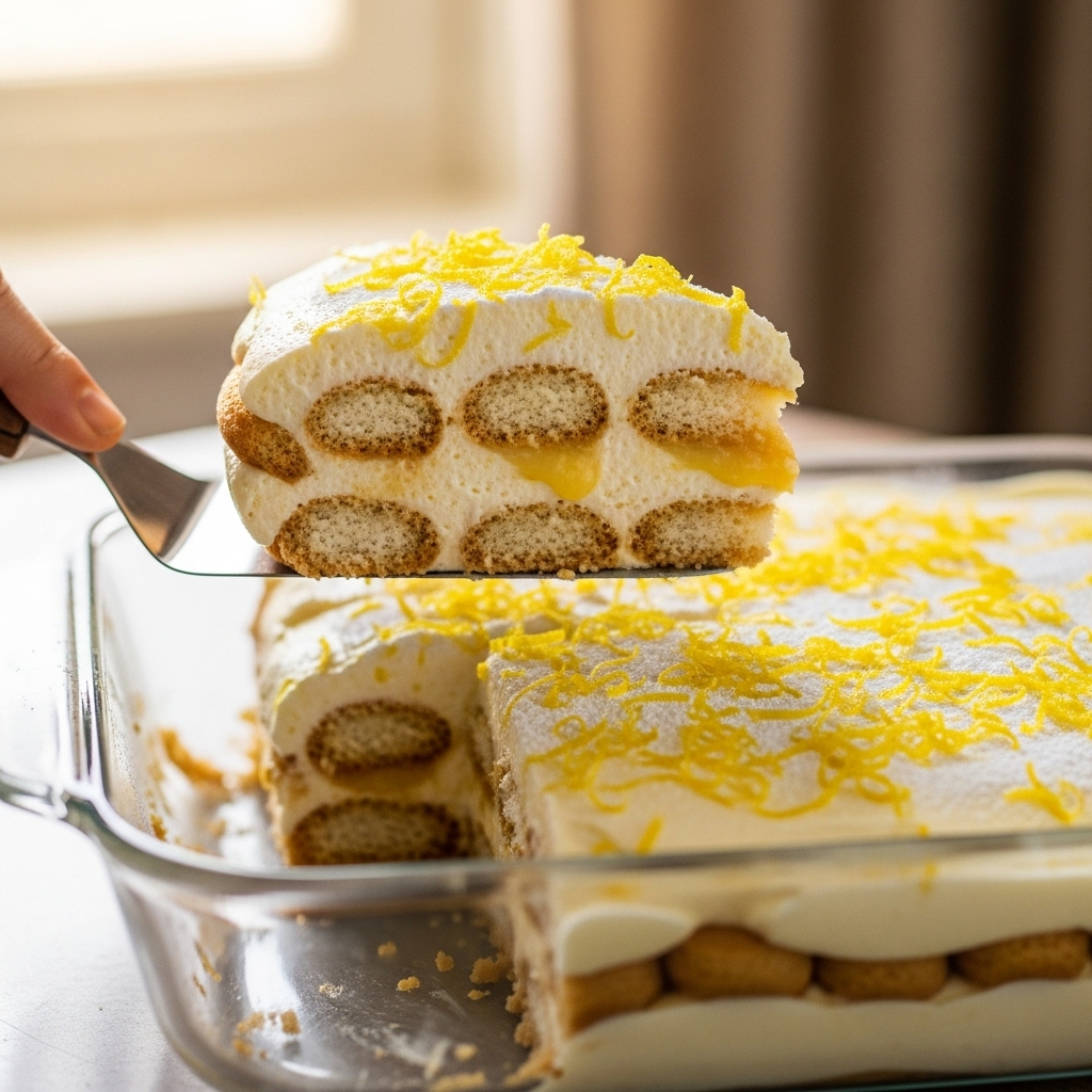 A hand lifting a slice of lemon tiramisu from a 9×13 dish with a spatula