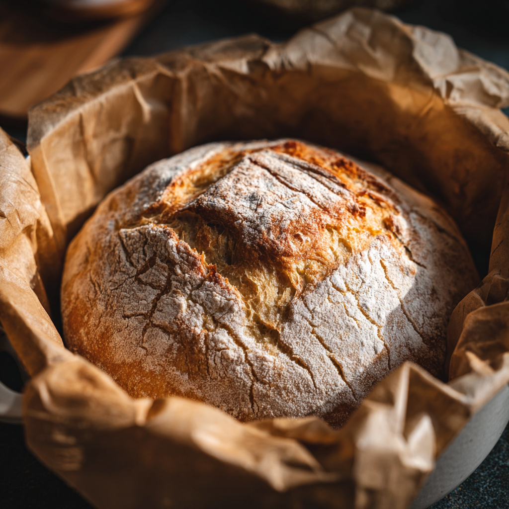 parchment-lined Dutch oven, freshly scored with a razor, ready to bake, rustic countertop, warm morning light, Le Creuset po