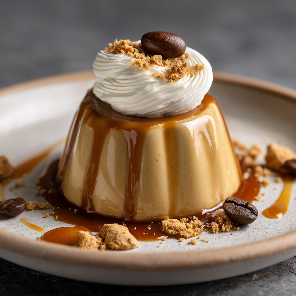 Espresso panna cotta unmolded onto a white ceramic plate, smooth and flawless shape. Light brown espresso color, topped with a swirl of whipped cream and a whole espresso bean.