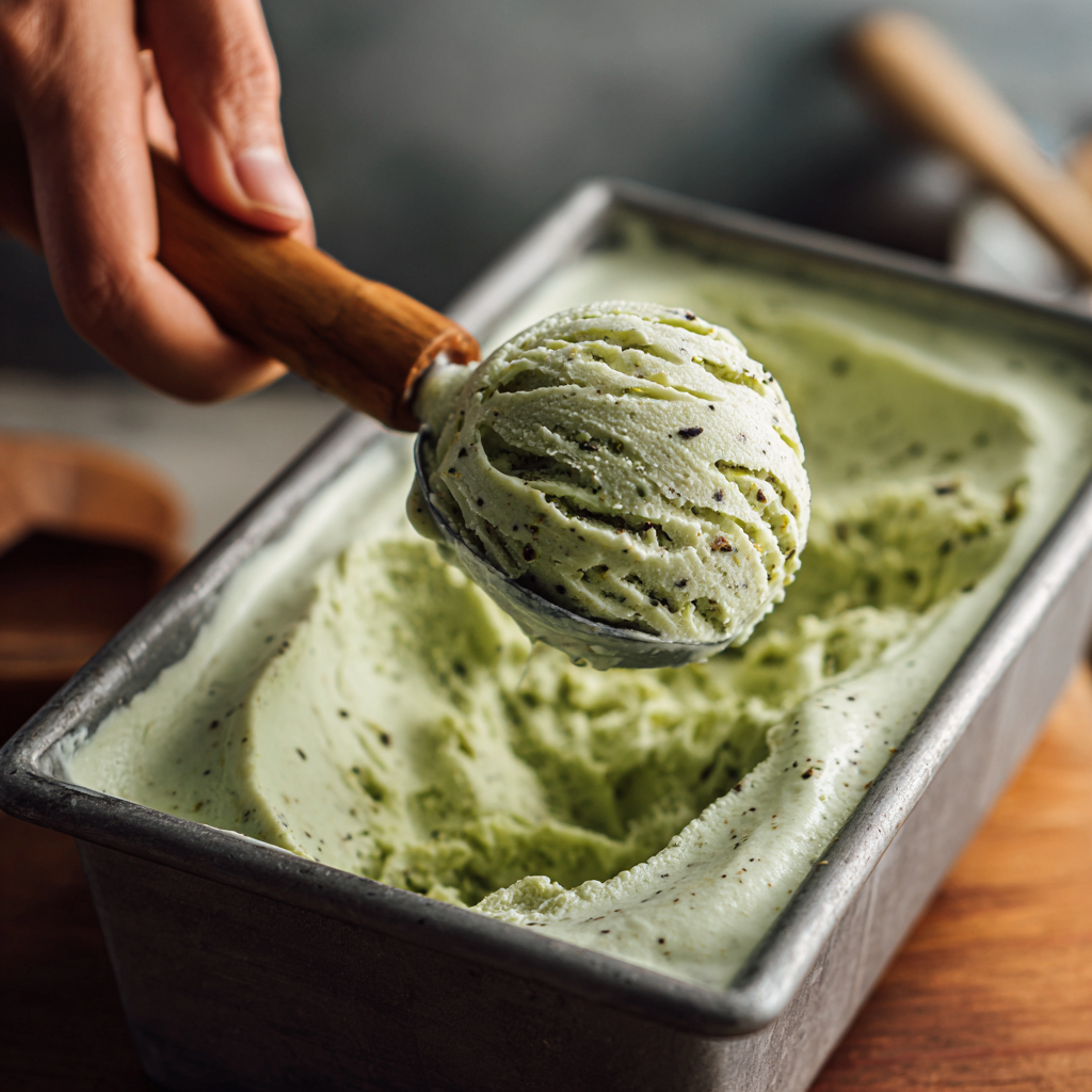 authentic pistachio gelato showing its creamy, silky texture with tiny pistachio particles.