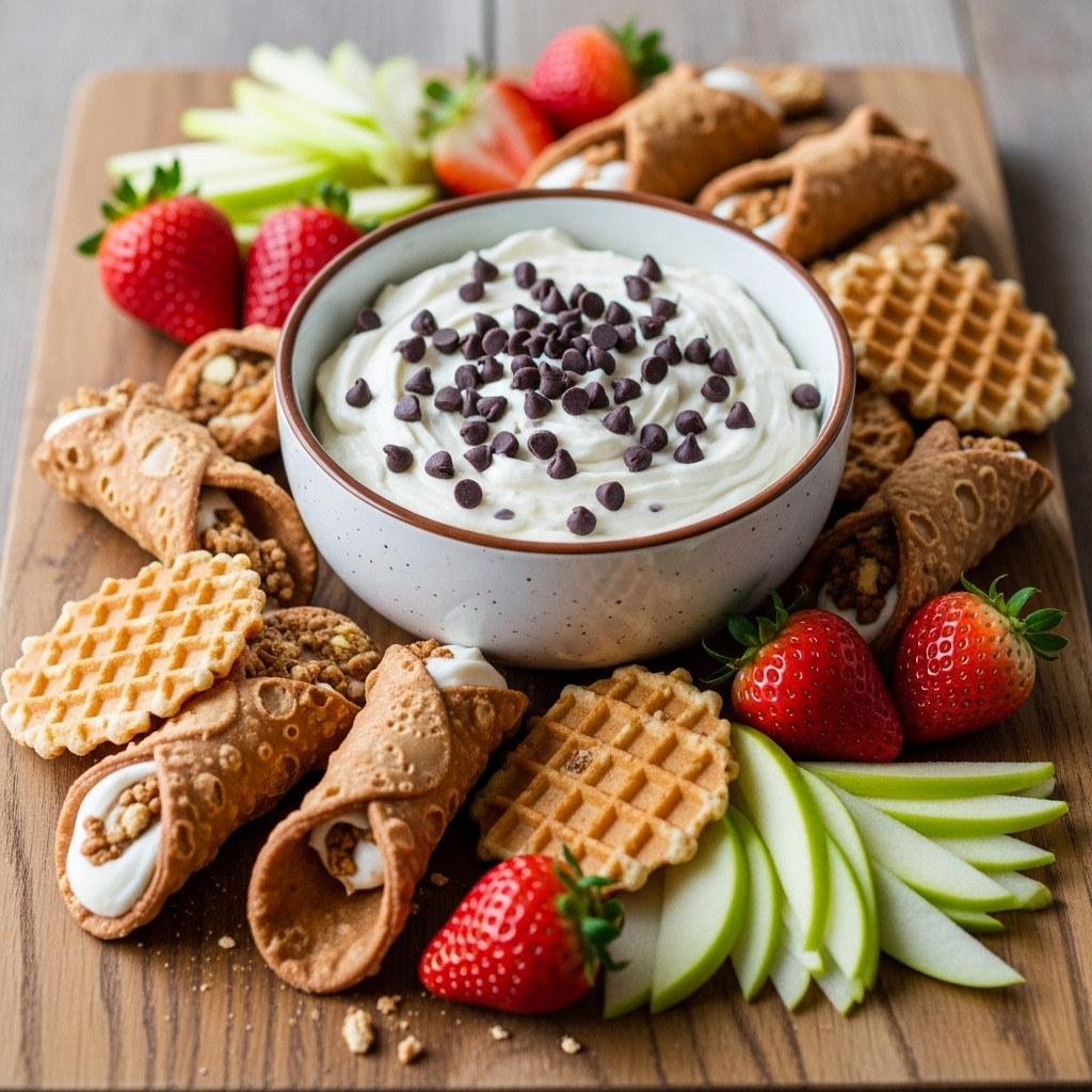 A dessert board featuring a central bowl of creamy cannoli dip topped with mini chocolate chips