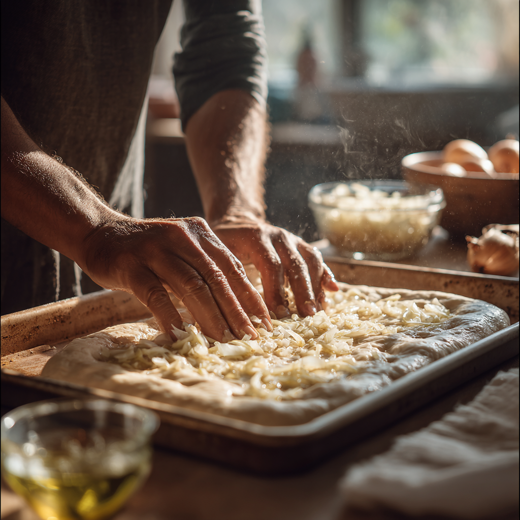 oiled fingers on a sheet pan, with sautéed onions and saltwater brine nearby.