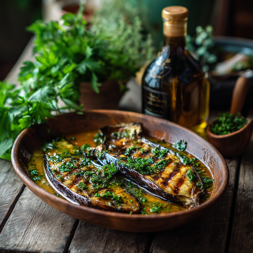 A rustic wooden table with grilled eggplant resting in a shallow dish of olive oil and chopped herbs.