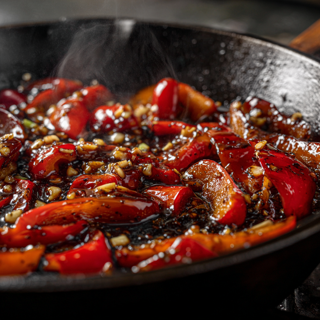 A skillet on the stove filled with sliced peppers coated in a thick balsamic glaze. The glaze looks dark, shiny, and reduced.