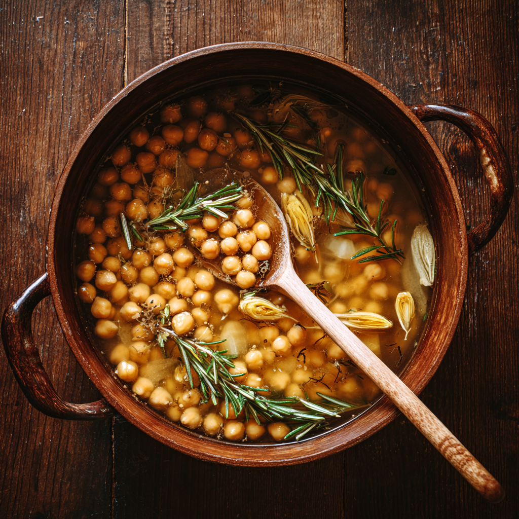 heavy rustic pot filled with Zuppa di Ceci e Rosmarino: chickpeas simmered in broth, pasta stirred in, golden garlic pieces, rosemary sprigs