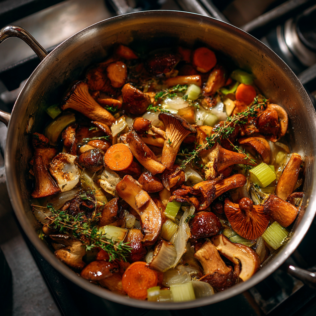 A large pot on a stovetop showing sautéed porcini mushrooms, onions, carrot, celery, garlic, and chestnuts before blending, golden caramelized mushrooms