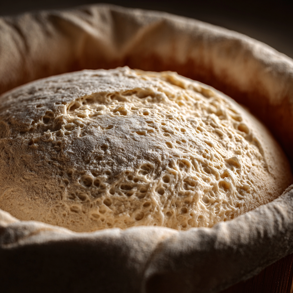 Pane Pugliese dough in a floured banneton, bubbly surface, soft airy texture, ready for baking, close-up shot, warm kitchen atmosphere.