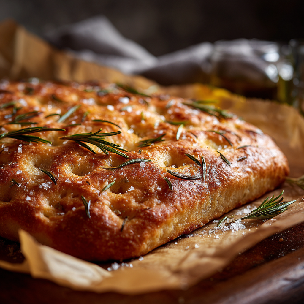 Freshly baked pane al rosmarino on parchment, dimpled focaccia-like top, glistening olive oil, coarse sea salt crystals