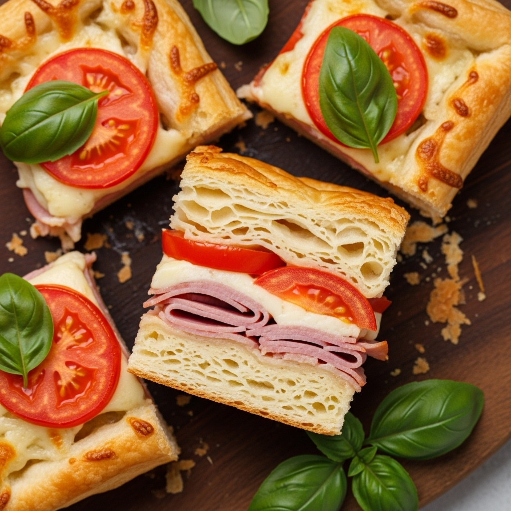 Overhead view of Parigina pizza cut into squares on a wooden board