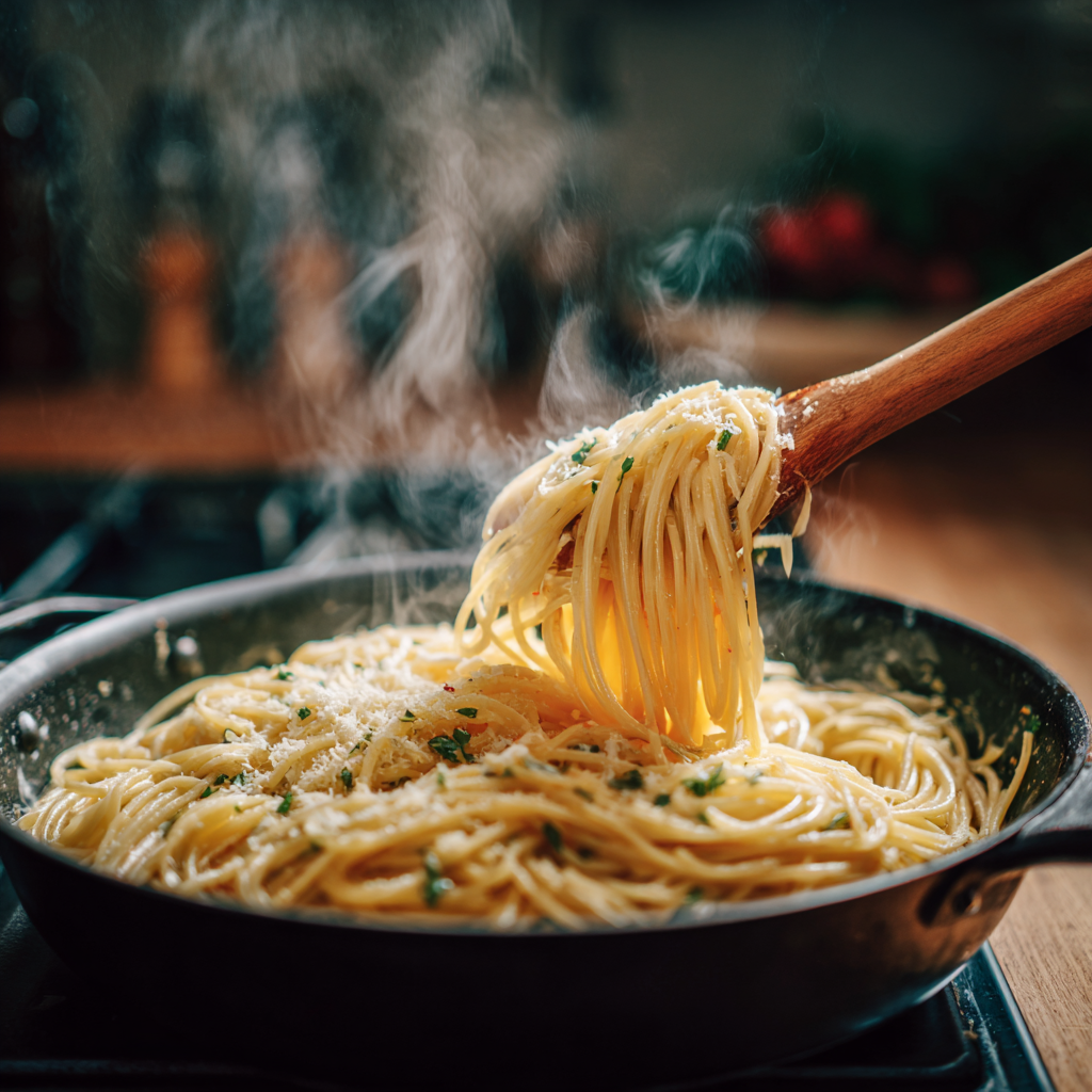 wide skillet with creamy ricotta and lemon zest sauce, steam rising