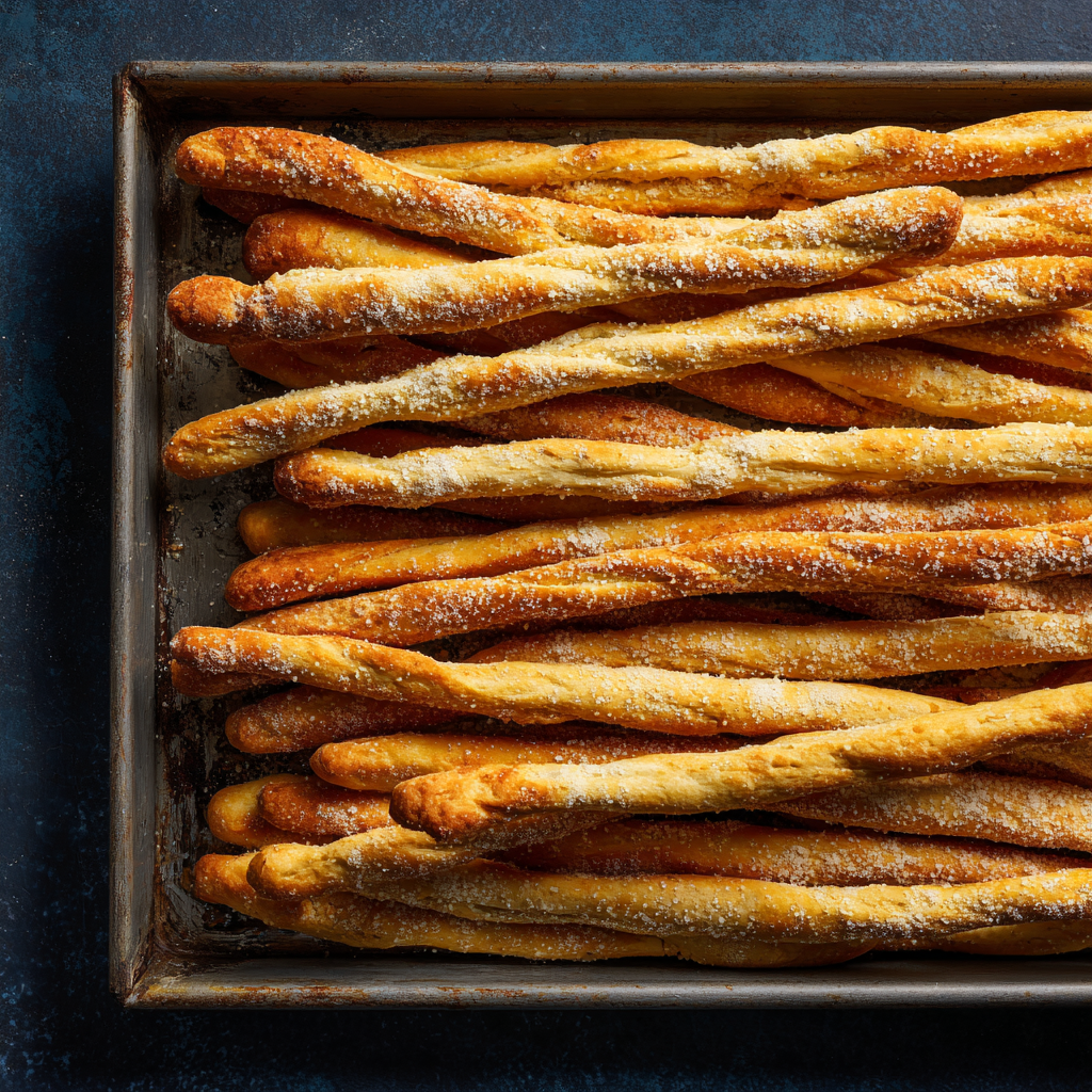 Freshly baked Grissini Torinesi on a metal baking tray, thin uneven breadsticks golden and crisp