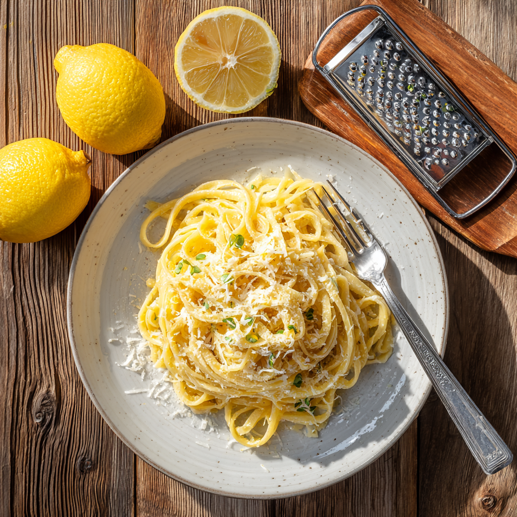 Overhead shot of a white ceramic plate holding a serving of tagliolini al limone. Fresh grated cheese sprinkled lightly, lemon zest curls on top.