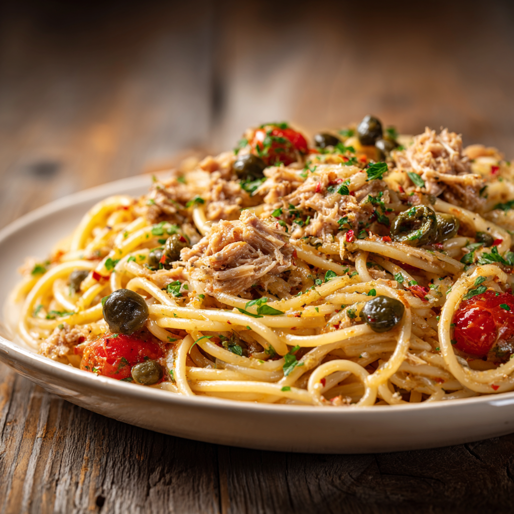 Large ceramic bowl filled with pasta with tuna and capers, tossed with anchovies, garlic, tomatoes, and chili flakes.