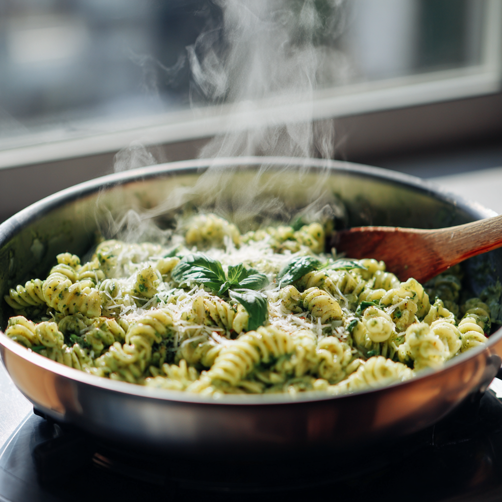 pistachio pasta in a stainless steel skillet