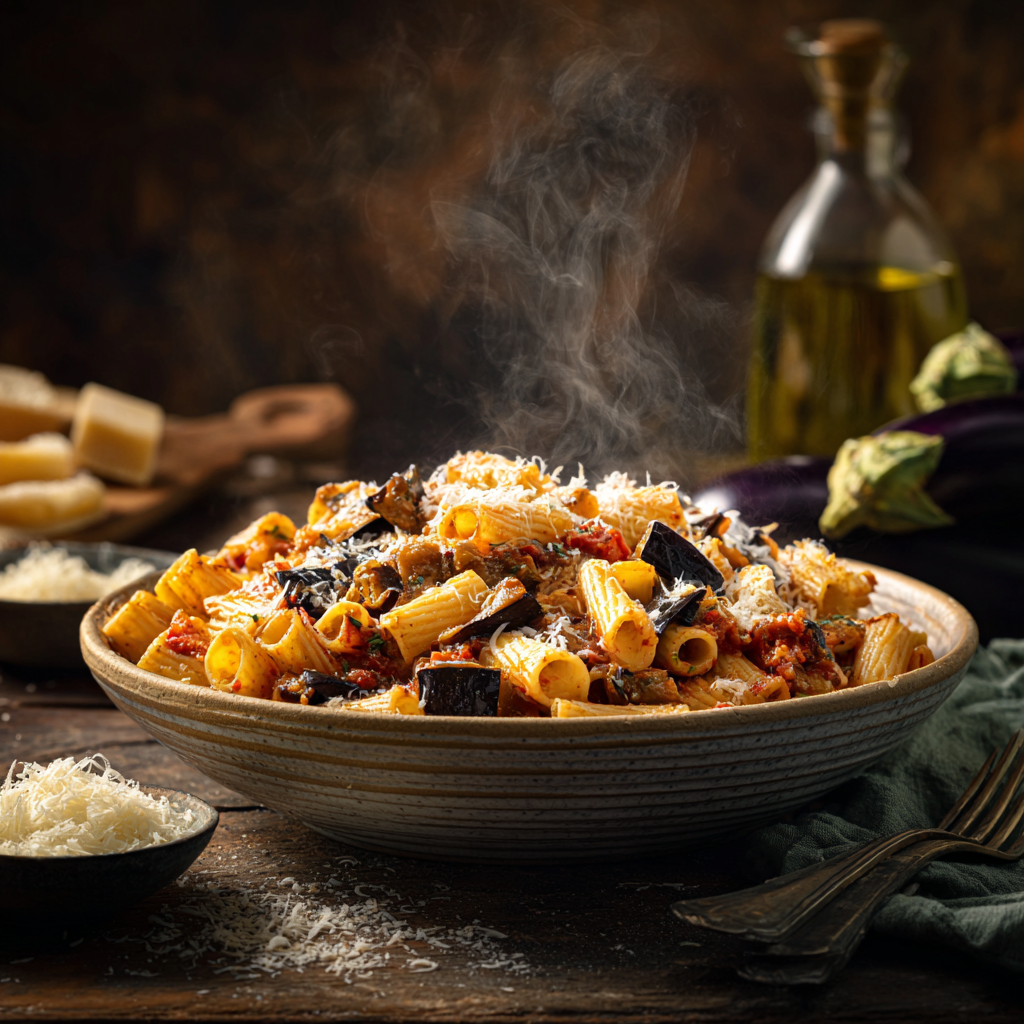 A large bowl of the light Sicilian Pasta alla Norma placed on a rustic table with extra grated cheese and extra roasted eggplant on the side.