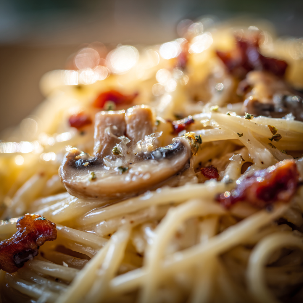 creamy mushroom pasta with crisp pancetta pieces, showing the texture of the mushrooms