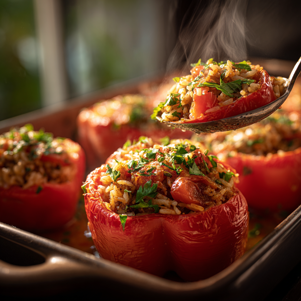 Raw bell pepper halves arranged in a baking dish, being filled with a spoonful of cooked meat-and-rice mixture with tomatoes and herbs.