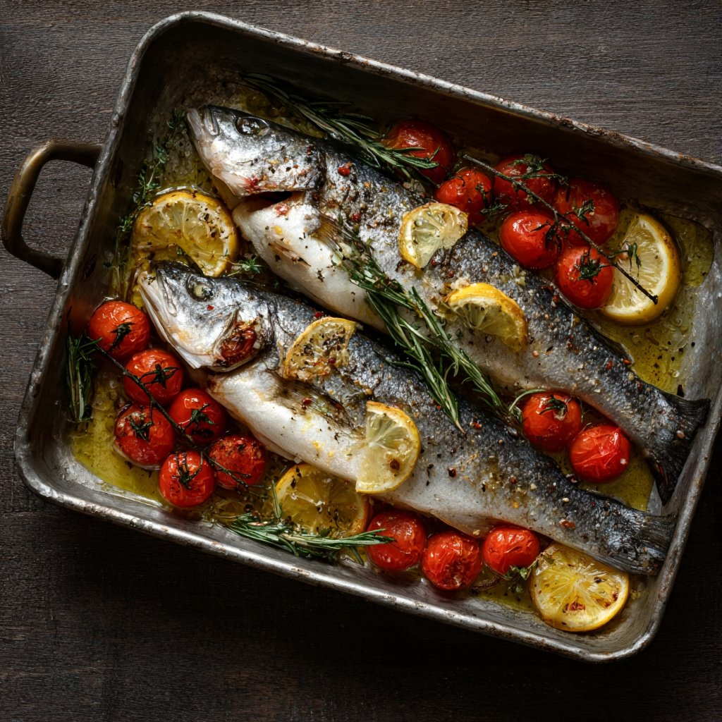 Oven-roasted whole branzino in a metal roasting pan with cherry tomatoes, lemon slices, thyme, rosemary, and garlic. Olive oil pooling lightly around the fish.