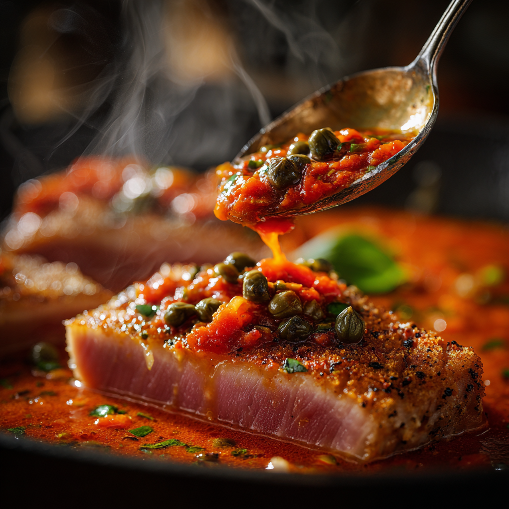 warm Sicilian tomato–olive–caper sauce being spooned over a seared tuna steak