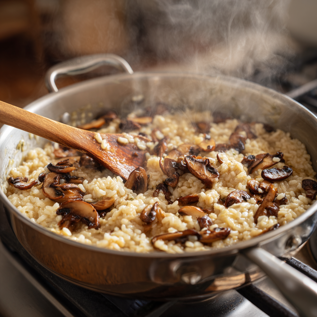 Authentic Italian-style vegan mushroom risotto cooking in a wide stainless steel pan