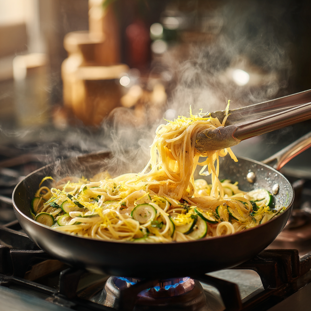 spaghetti, browned zucchini, and lemon zest being tossed in a glossy sauce with tongs.