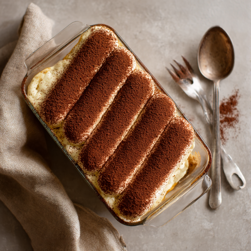 vegan tiramisu made with homemade vegan ladyfingers and creamy dairy-free mascarpone, dusted with a smooth even layer of cocoa powder.