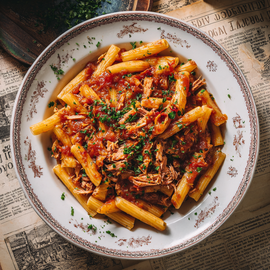 pasta with tuna and tomato sauce, ridged penne mixed with thick red sauce