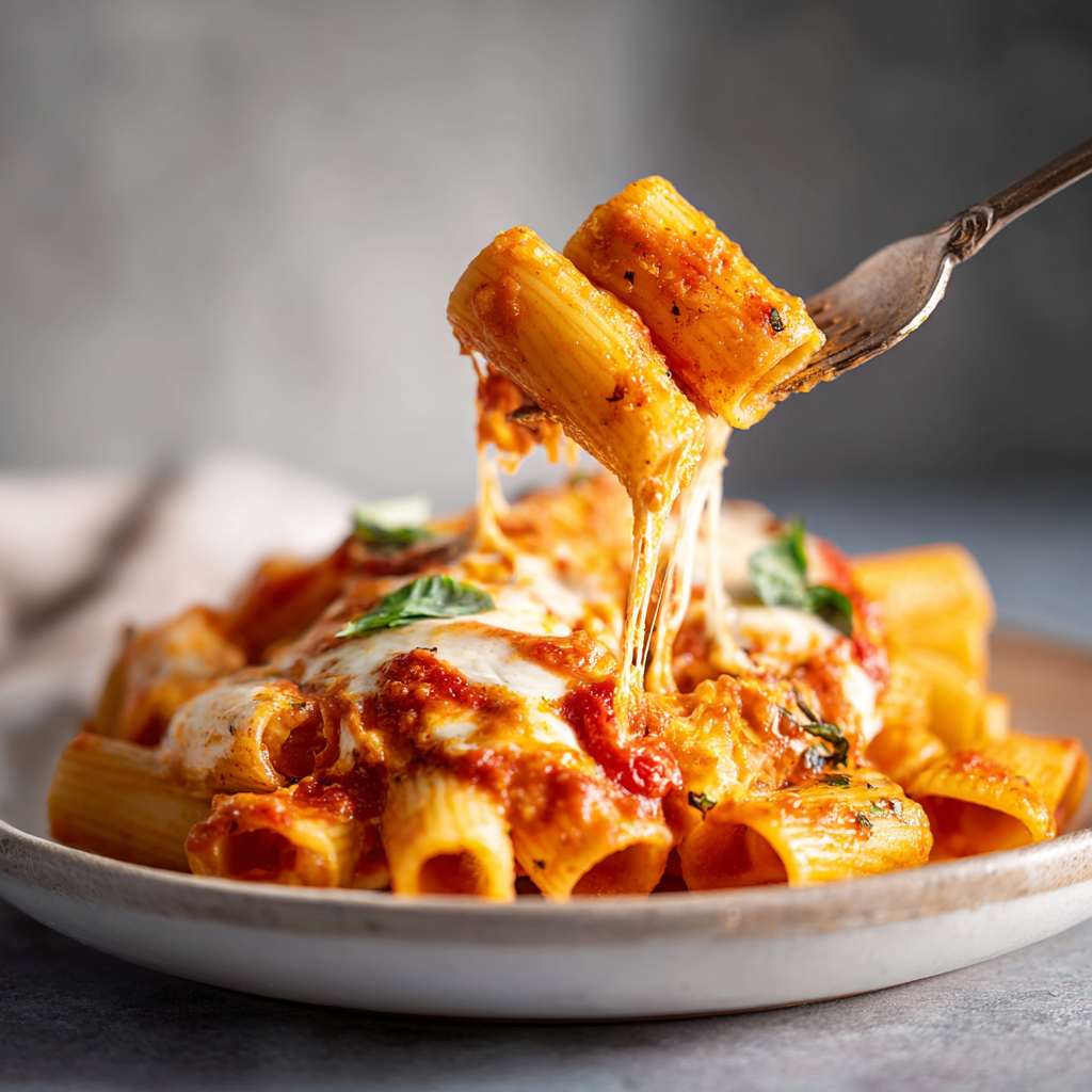 pasta alla sorrentina on a white ceramic plate, melted mozzarella stretch visible between rigatoni, bright red tomato sauce