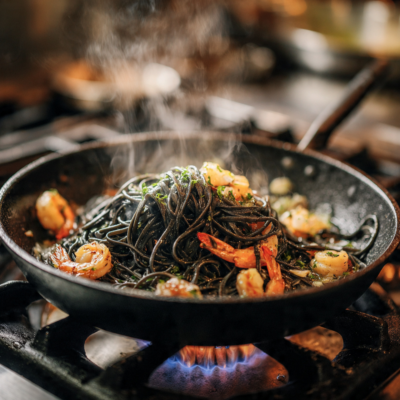 pan of squid ink tagliolini with scallops, lemon wedges, and fresh herbs.