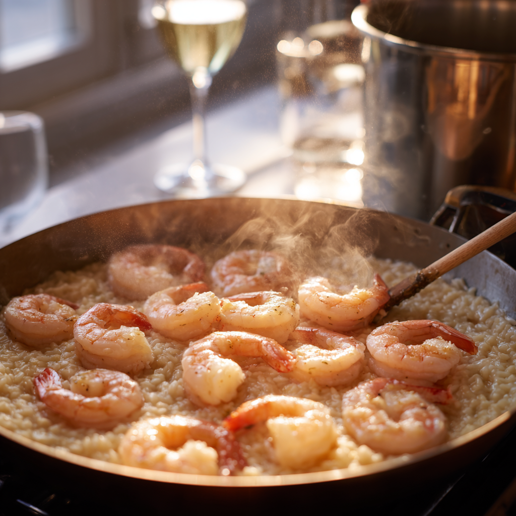 raw shrimp being added to a creamy risotto base in a wide pan. The shrimp are pale pink, half-cooked, glistening from the steam.