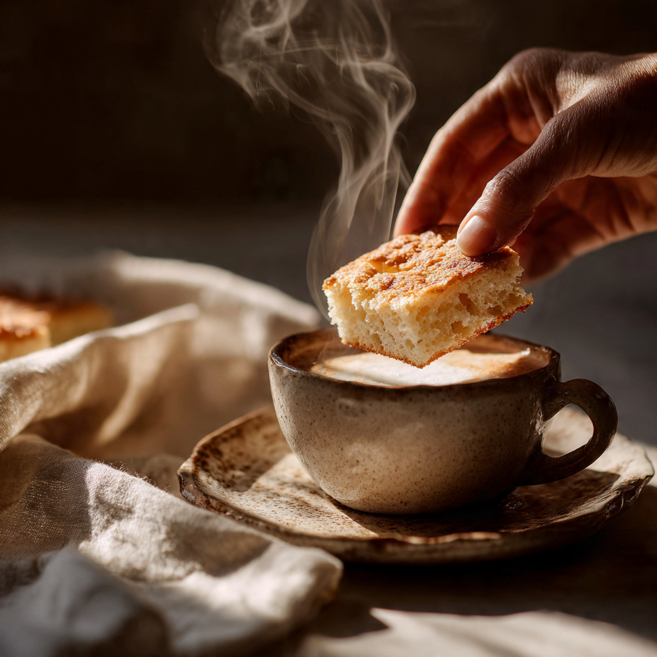 person’s hand dipping a square of Ligurian focaccia into a cappuccino, steam rising from the cup.