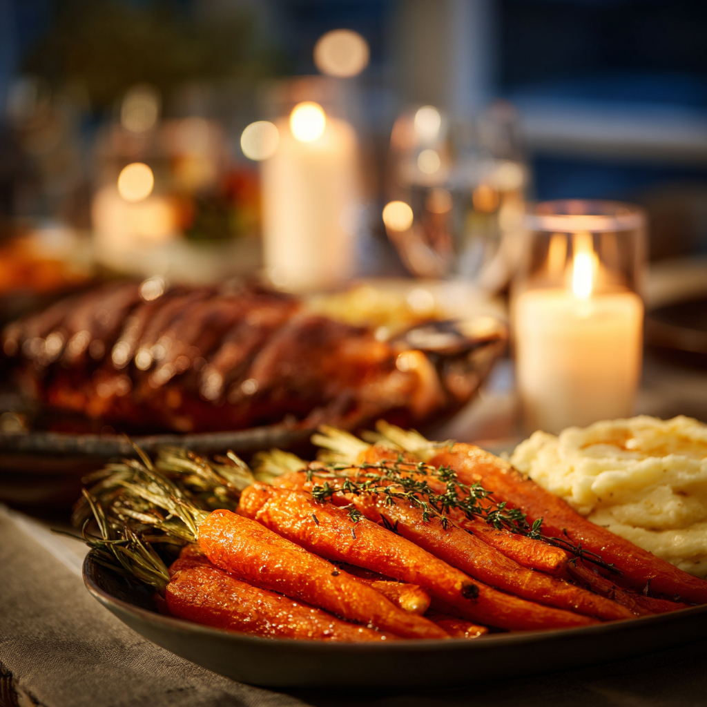Homey dinner table scene with roasted carrots in a large platter, next to roasted meat and mashed potatoes.