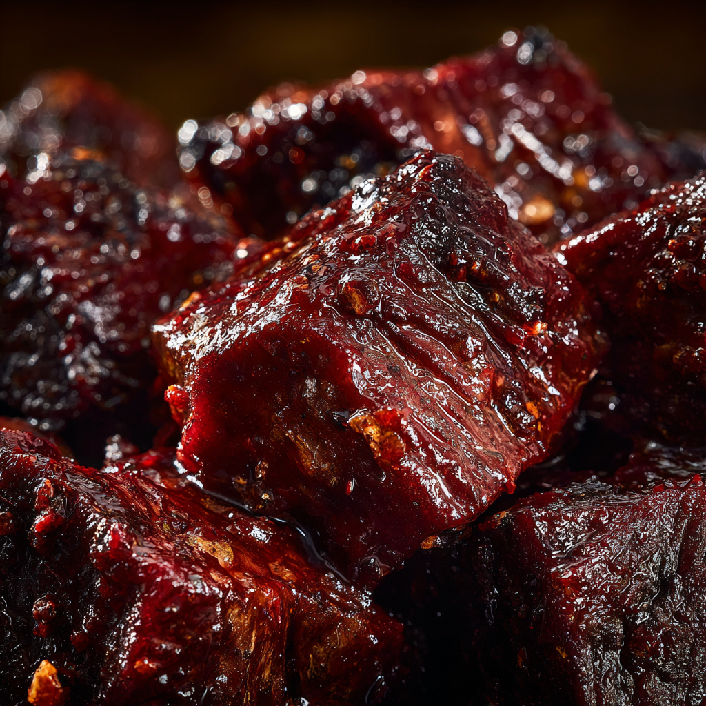 tender beef chunks from Peposo dell’Impruneta, showing fibers separating easily and a shiny, pepper-studded red wine glaze.