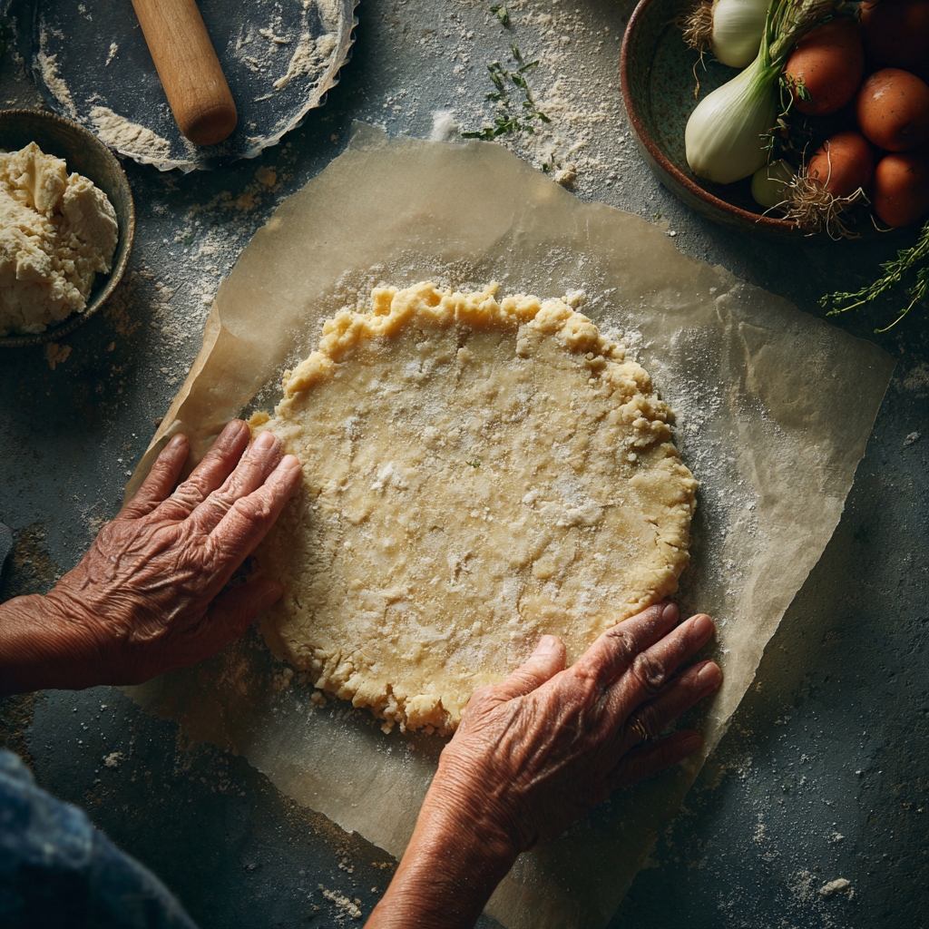Hands rolling pasta frolla dough between two sheets of parchment paper, dough about 1/8-inch thick, cold butter flecks visible.