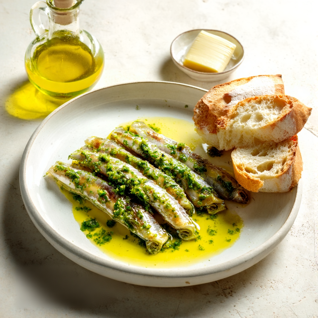 Finished antipasto plate of Acciughe al Verde served slightly chilled: layered anchovy fillets coated in bright green parsley-garlic sauce