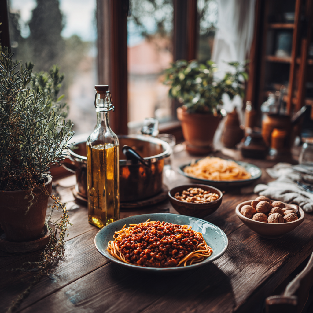 A cozy dinner table with a serving pot of vegan lentil bolognese, a plate of pasta, a small bowl of chopped walnuts, fresh herbs, and a bottle of olive oil.