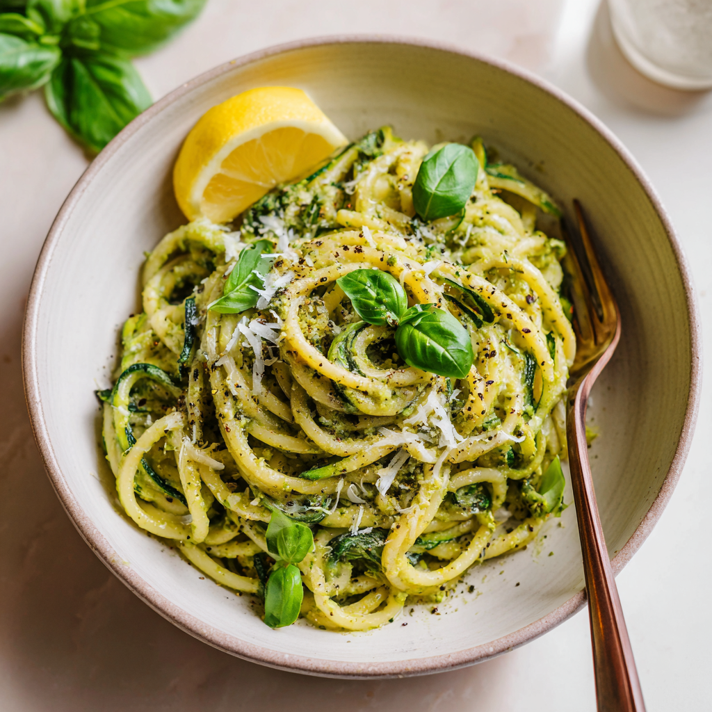 Finished serving of zucchini pesto pasta in a white ceramic bowl, garnished with basil, cracked black pepper, and shaved Parmesan.