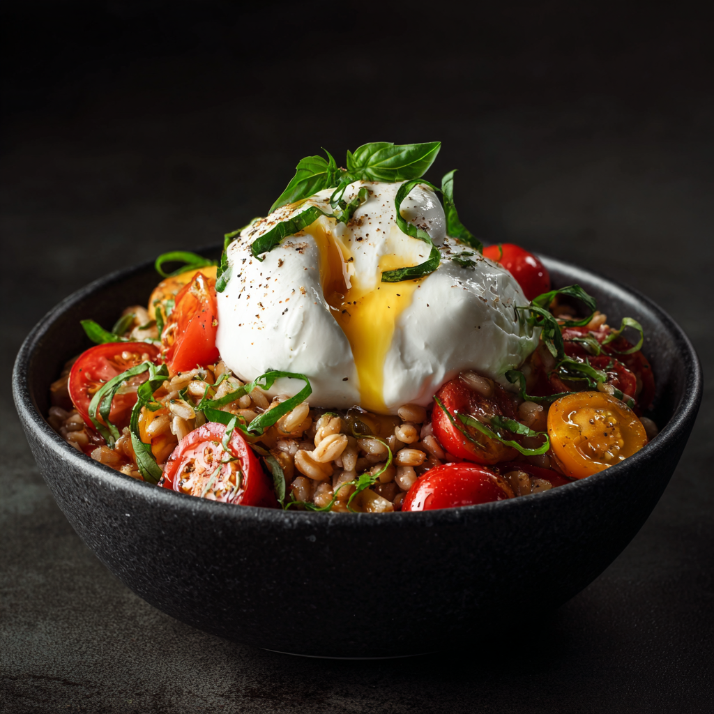 A bowl of Caprese Farro Salad topped with freshly torn burrata, creamy center spilling into the farro and tomatoes. Basil ribbons scattered on top.