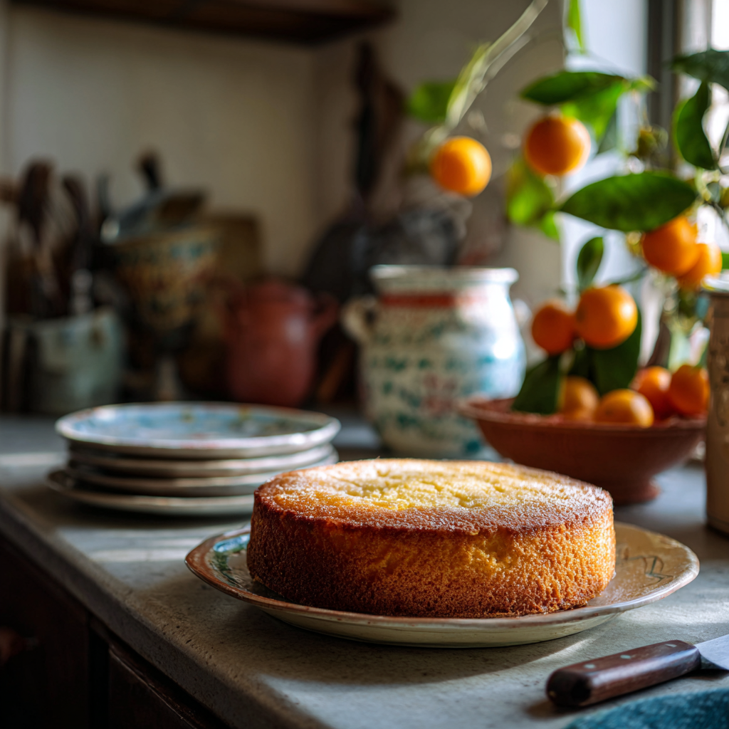 orange ricotta cake cooling on a counter in a cozy Italian-style kitchen, natural morning light
